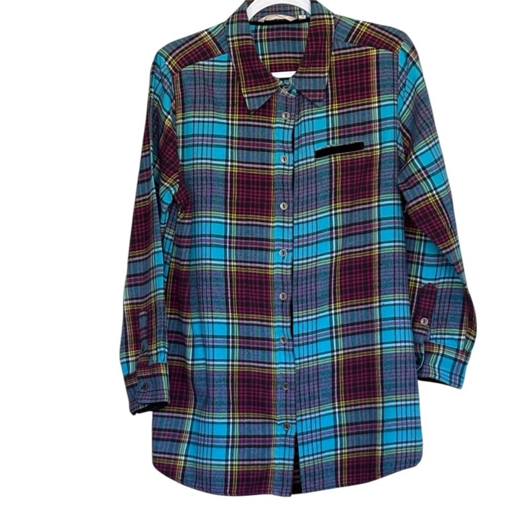 Soft Surroundings Plaid Velvet Trim Flannel Button Down Shirt Size PL
